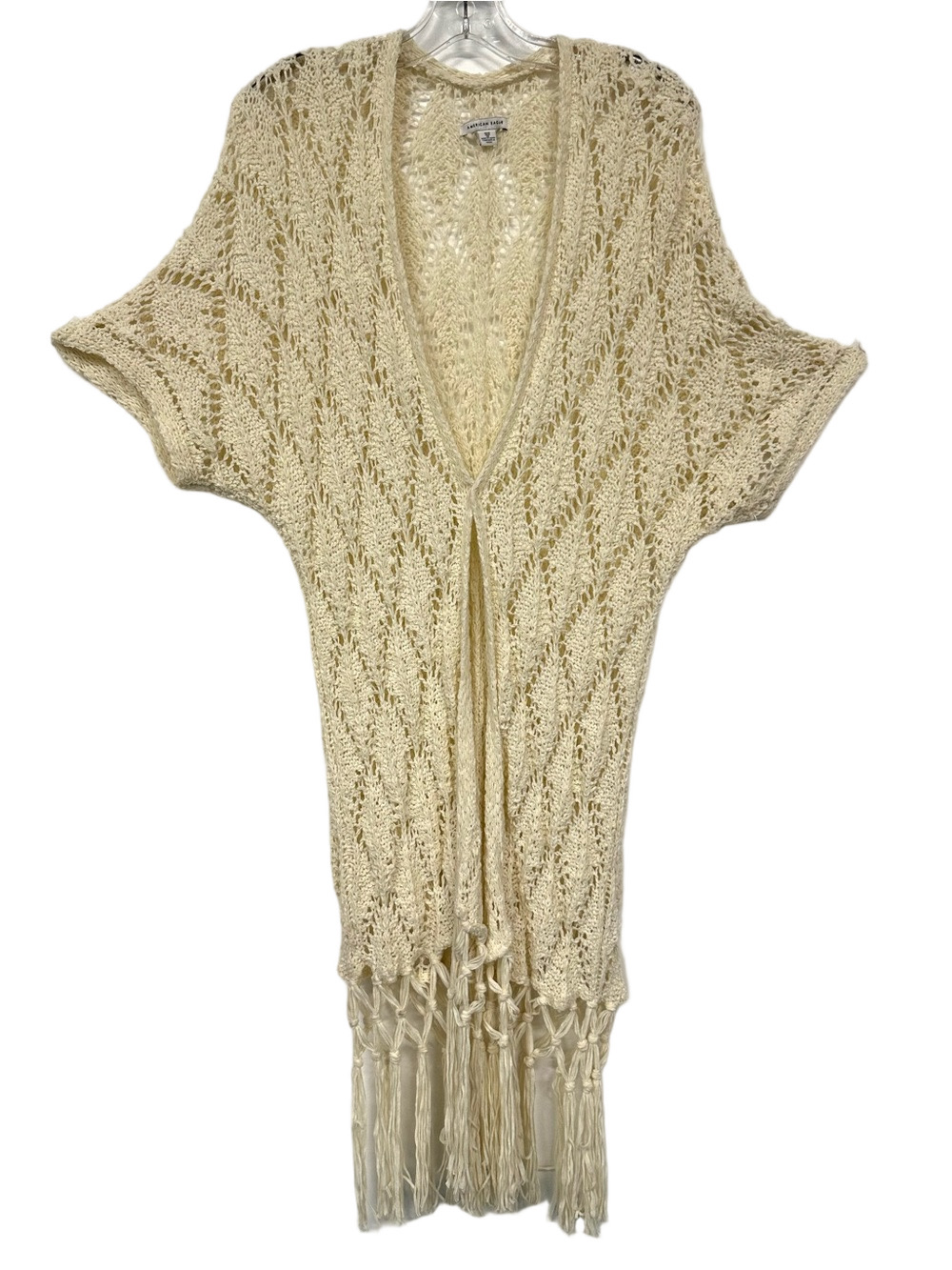 American Eagle Cream Crochet Fringe Longline Vest XS/S Boho Duster